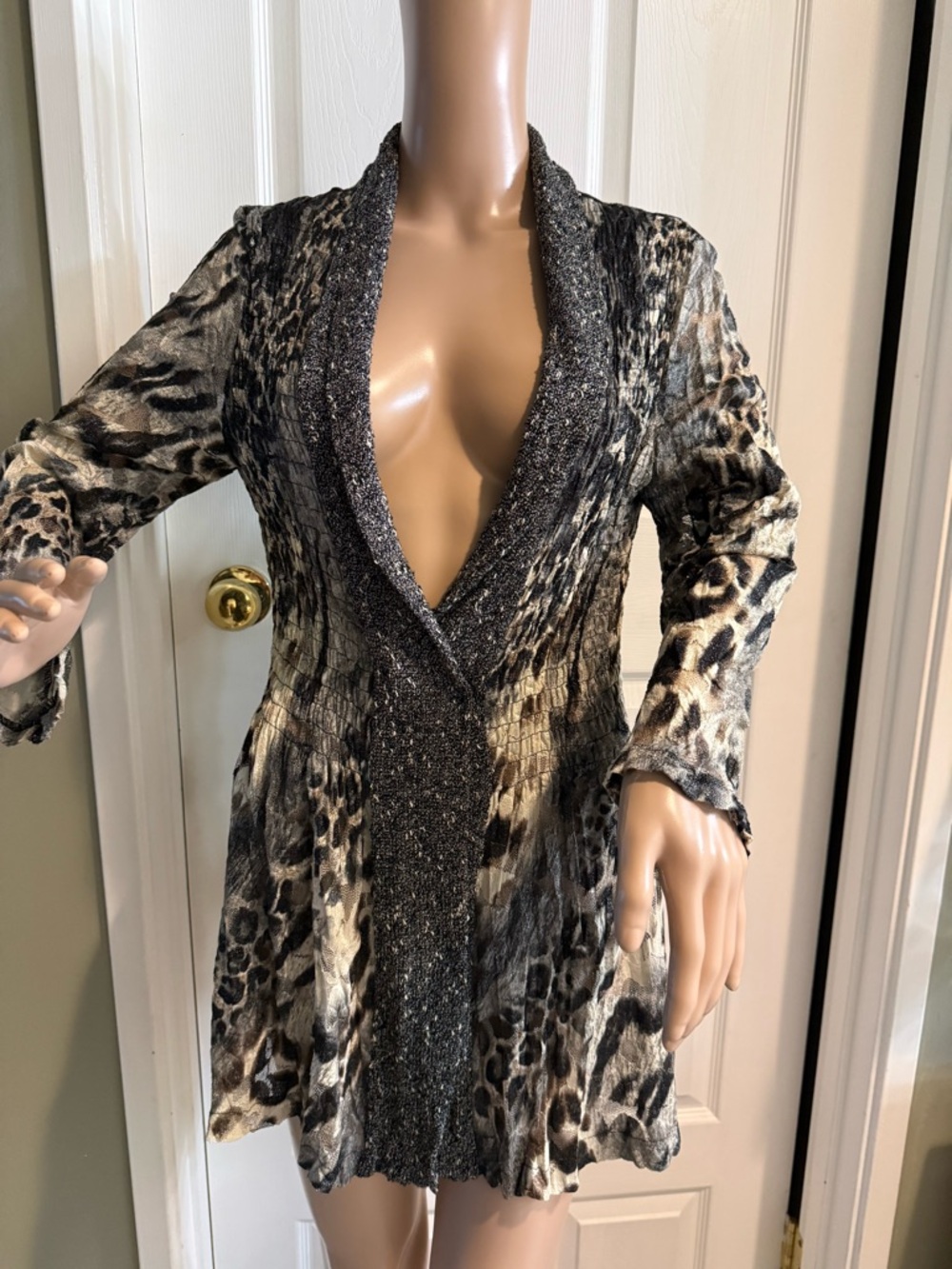 Y2K Alberto Makali Mesh Leopard Print Long Cardigan Jacket Size M Whimsigoth